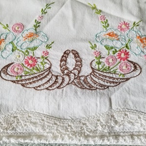 Beautifully Embroidered Cornucopia with Flowers Standard Size Vintage Pillow Case 100% Cotton image 2