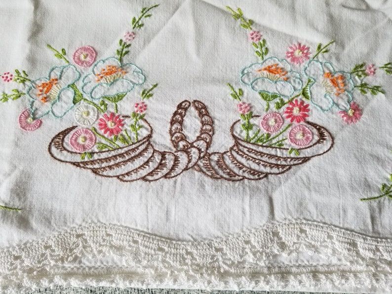 Beautifully Embroidered Cornucopia with Flowers Standard Size Vintage Pillow Case 100% Cotton image 2