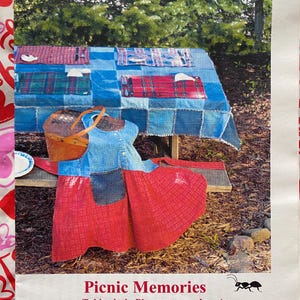 May include: A sewing pattern for a picnic themed table cloth, place mats, and apron. The pattern includes a red and blue plaid design and is 49 inches by 92 inches. The pattern is titled "Picnic Memories" and is number 4450.