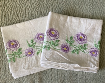 Beautifully Embroidered Cotton Standard Size Pillow Case Set With Purple Flowers