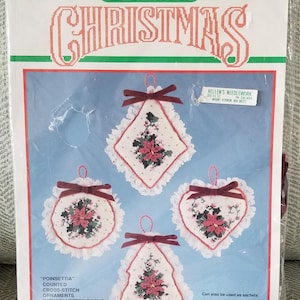 Bucilla 82630 Poinsettia Counted Cross Stitch Ornaments - Set of 4, Sachets, Mini-Pillows Kit.