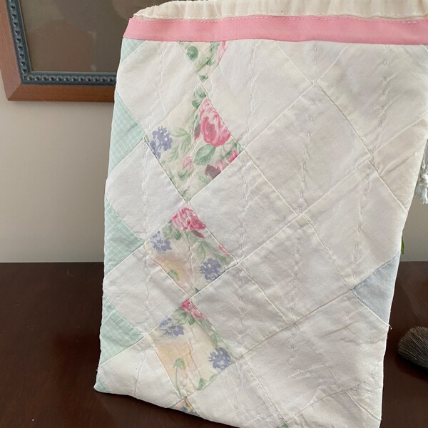 Handmade Shabby Drawstring Bag From Vintage Quilt, Upcycled Quilt