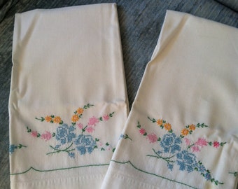 Beautifully Cross Stitched Floral Standard Size Vintage Pillow Cases - 100% Cotton