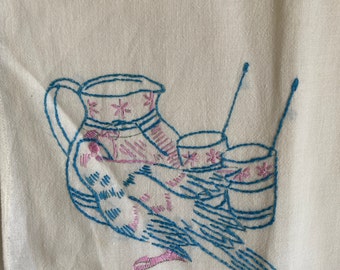 Vintage Embroidered Flour Sack Kitchen Towel, Dish Towel, Bar Towel, Tea Towel - Parrot and Pitcher With Drink Glasses