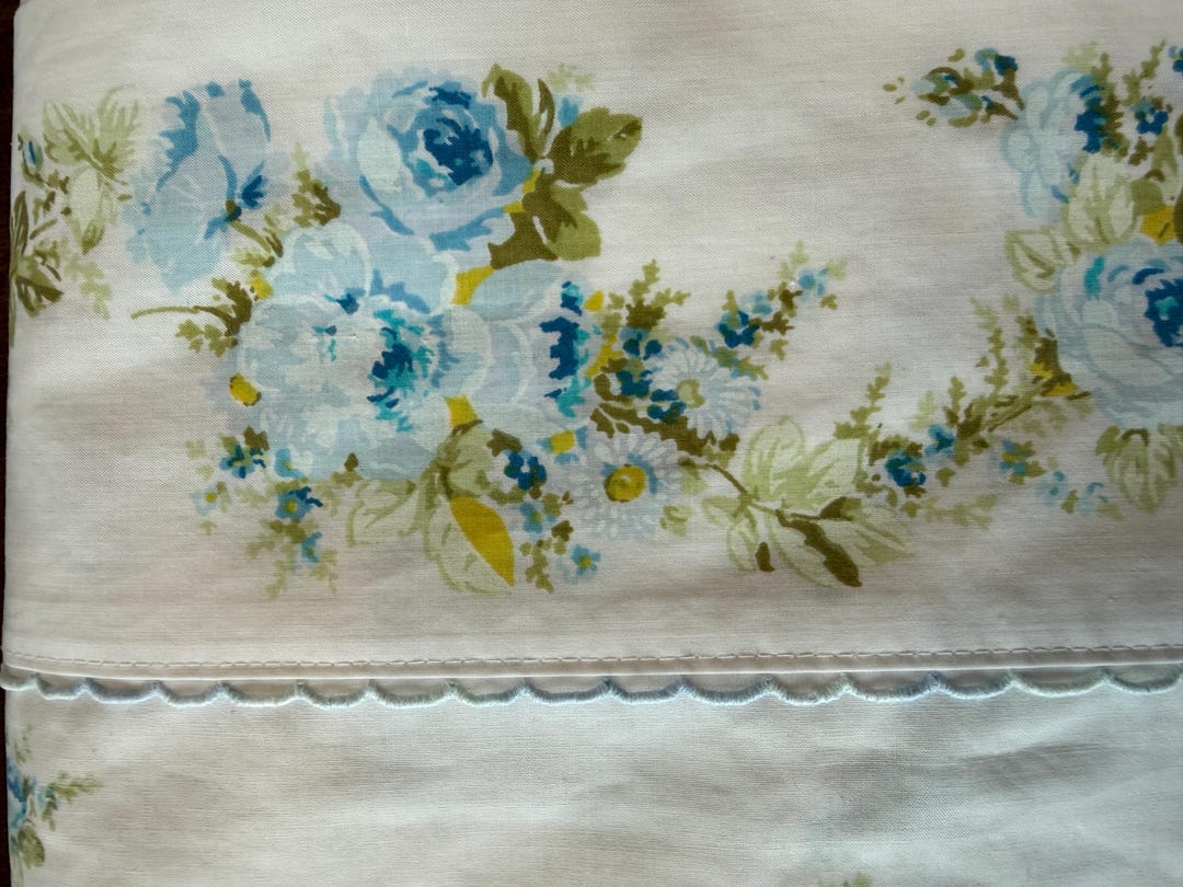 Vintage Queen Floral Flat Sheet With Blue Roses and Pequot Edging - Etsy