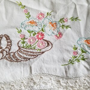 Beautifully Embroidered Cornucopia with Flowers Standard Size Vintage Pillow Case 100% Cotton image 4