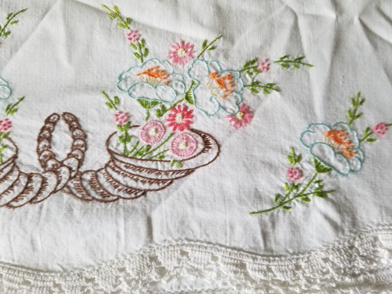 Beautifully Embroidered Cornucopia with Flowers Standard Size Vintage Pillow Case 100% Cotton image 4