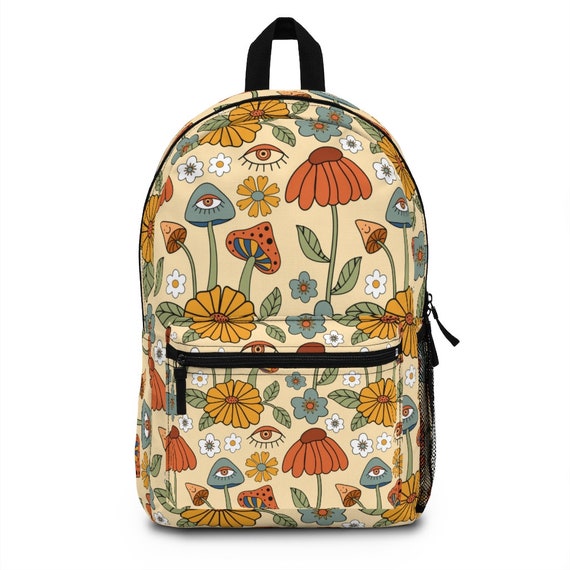 Rare Vans Floral Backpack Retro 70s Boho Indie School Bag Cottagecore Shrooms Boho Mushrooms Laptop Backpack, Mushroomcore Backpack  main image 4