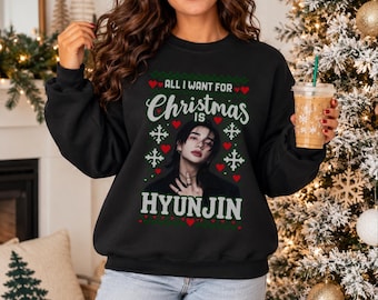 Felpa Hyunjin / Maglietta natalizia girocollo ispirata agli Stray Kids / Maglietta per le feste degli SKZ / Regalo per fan del Kpop / Regalo Stay maglione natalizio brutto