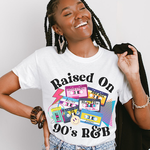 Raised on 90s r&B, retro vintage, 80s baby, soul music, concert tee, cassette tape shirt