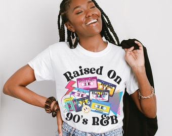 Raised on 90s r&B, retro vintage, 80s baby, soul music, concert tee, cassette tape shirt
