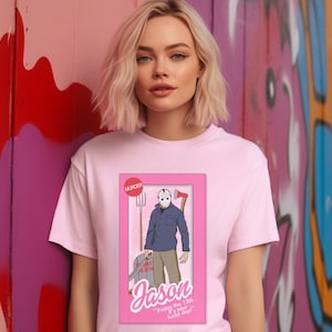 Jason doll tshirt, horror movie doll tshirt, funny Halloween graphic tee, pink spooky shirt, retro aesthetic, scary characters