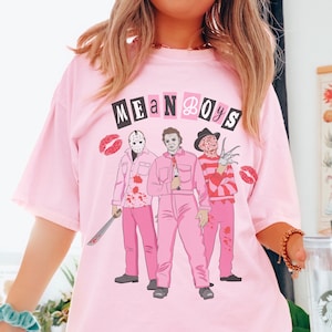 Mean boys  tshirt, horror movie tshirt, funny Halloween graphic tee, pink spooky shirt, retro aesthetic, scary characters Valentines