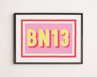 BN13 Print, Graphic Print, Gallery Wall Art, Risograph, Kitchen, Pink and red print,  Dining Room Decor, A4