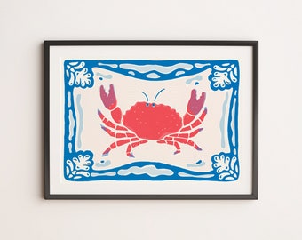 Red Blue Crab Lobster Print, Sea life Illustration, Ocean, Gallery Wall Art, Risograph, Kitchen, SeaFood, Foodie Gift, Dining Room Decor, A4