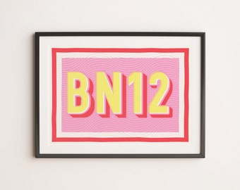 BN12 Print, Graphic Print, Gallery Wall Art, Risograph, Postcode print, Pink and red, Kitchen, Dining Room Decor, A4