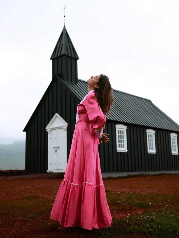 Vintage 70s Handmade Hot Pink Prairie Gown Dress