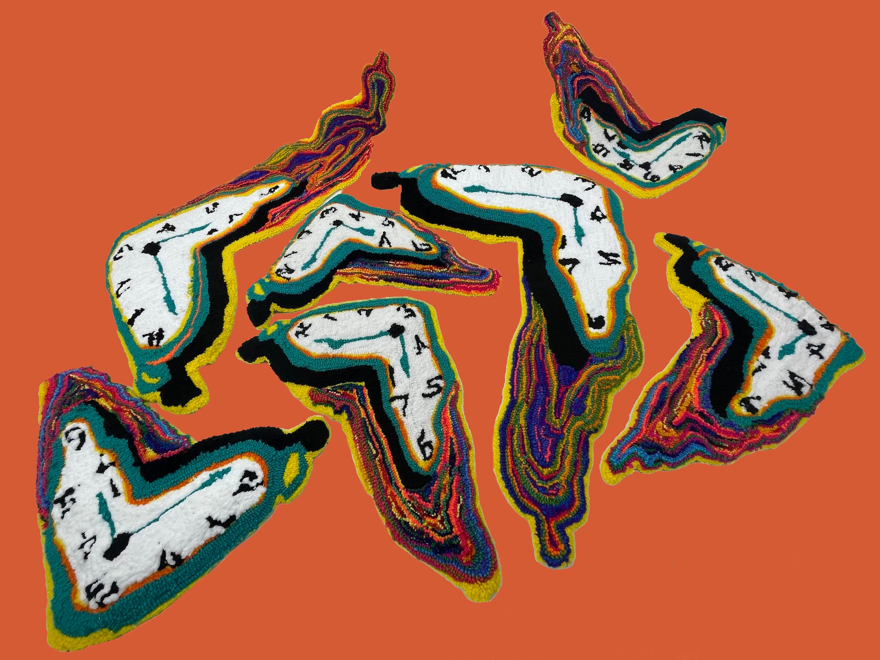 Dalí melting clock abstract neon hand tufted rug wallhanging Etsy