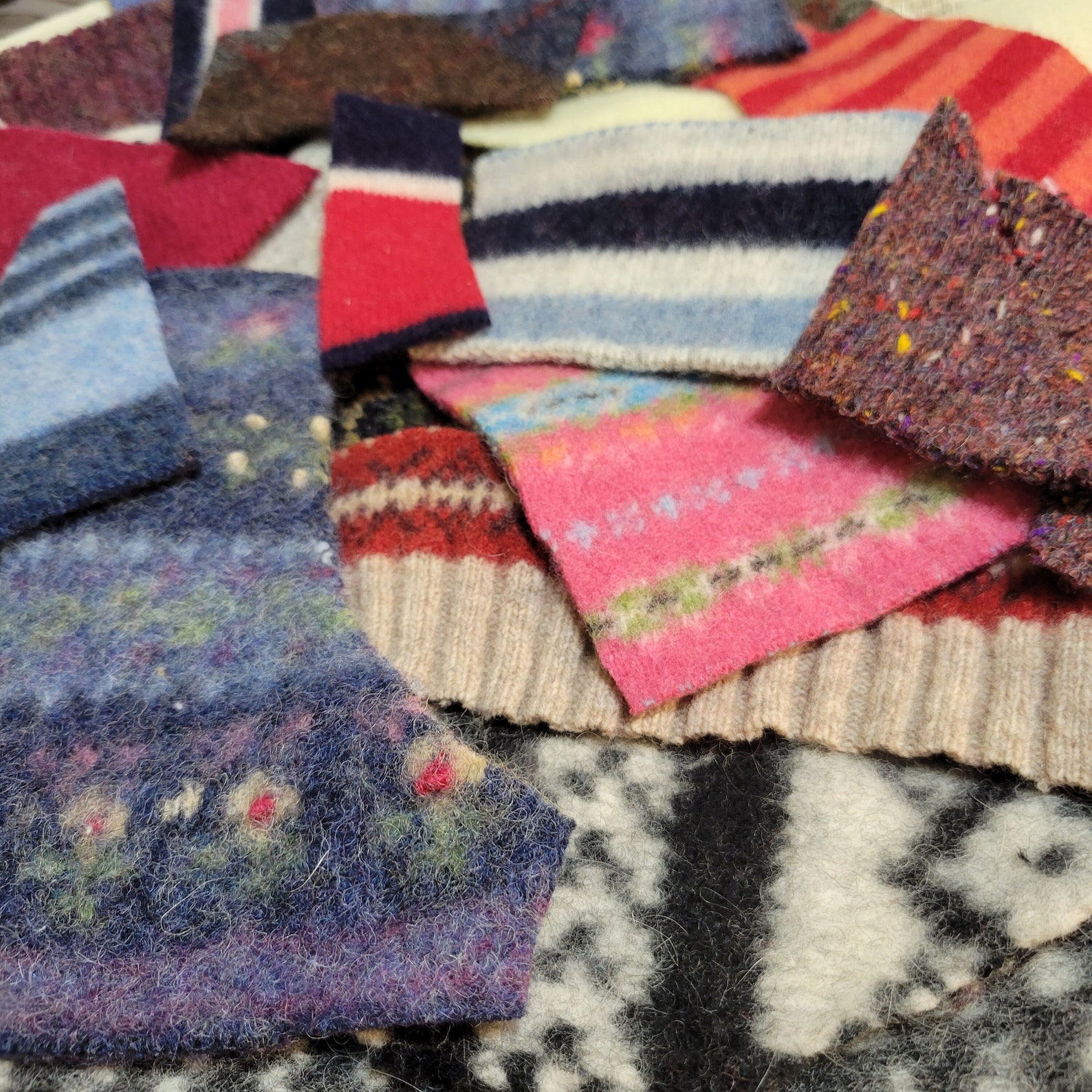 Repurposed Wool Sweater Scraps, Felted Wool, Wool Scrap Charm Pack