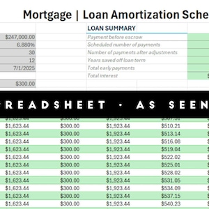 Könnte beinhalten: Eine Tabelle mit einem Tilgungsplan für Hypothekendarlehen mit Darlehensdetails, einschließlich Darlehensbetrag, Zinssatz und Zahlungsinformationen. Die Tabelle enthält den Text "MORTGAGE SPREADSHEET - AS SEEN ON TIKTOK."