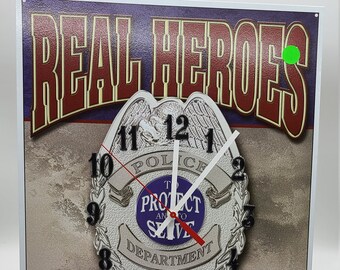 Police Metal Clock: Man Cave Garage Wall Decor (17x12x1)