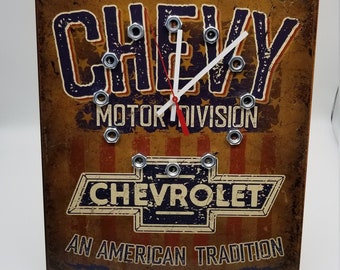 Chevrolet Metal Clock: Garage Man Cave Wall Decor (17"x12")