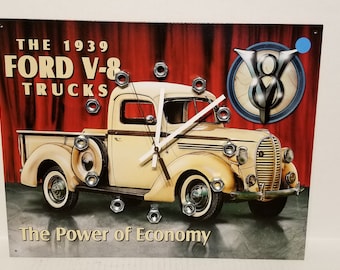 Ford 1939 V8 Truck Metal Clock: Garage Man Cave Decor
