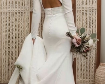 PreOrder Handmade MINIMAL LADY Calliste bride bohemian wedding dress, long sleeves wedding dress, crepe dress, minimal wedding dress