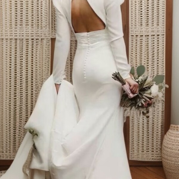 Précommande faite main MINIMAL LADY Calliste mariée robe de mariée bohème, robe de mariée manches longues, robe en crêpe, robe de mariée minimale