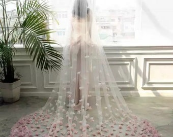 Pink Flowers White tulle Handmade Calliste Bride boho wedding 3d veil cape, flower veil, boho veil, wedding veil