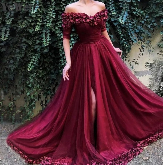 Simple Burgundy Off Shoulder Satin Long Prom Dress, Burgundy Evening D –  shopluu