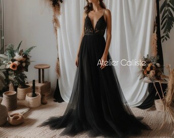 PreOrder Handmade LACHESIS black wedding dress, gothic dress, dark dress, long sleeves wedding dress with tulle and lace