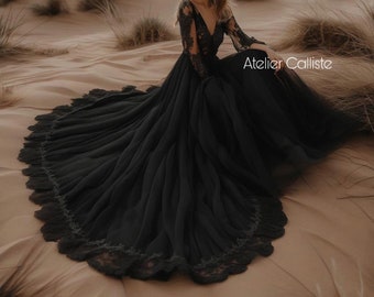 PreOrder Handmade PHAIDRA black wedding dress, gothic dress, dark dress, long sleeves wedding dress with silk chiffon and lace