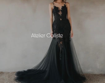 PreOrder Handmade WITCH black wedding dress, gothic dress, dark dress, long sleeves wedding dress with tulle and lace
