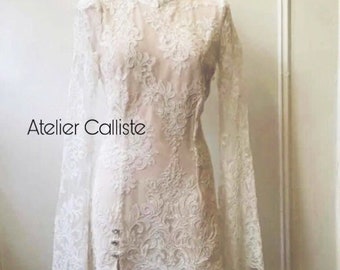 PreOrder Handmade LACE LOVE short wedding dress with romantic lace and long sleeves inspired from 60s