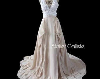 Vorbestellung: Handgemachter Calliste Bride Hochzeitsrock, Boho-Kleid, romantisches Hochzeitskleid, Chiffon-Maxirock, romanischer Rock