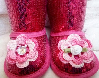 Girls Baby Infant Hot Pink Sequin Faux Suede Boots Slippers - Handmade Irish Roses You Pick Center -  Sizes: 3-6, 6-9, and 9-12 months