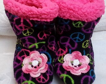 Toddler Girls  Pre Teen Peace Pink Black Fleece Slippers - Handmade Irish Roses -  Two Size: S/M (shoe size 10-13), M/L (shoe size 13-5)