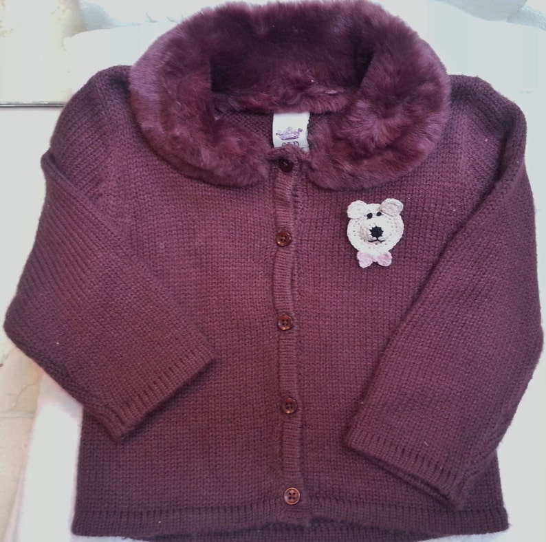 Baby Infant Toddler Girls Chocolate Brown Caridgan Sweater Faux Fur Handmade Teddy Bear Face One Size 12-18 months