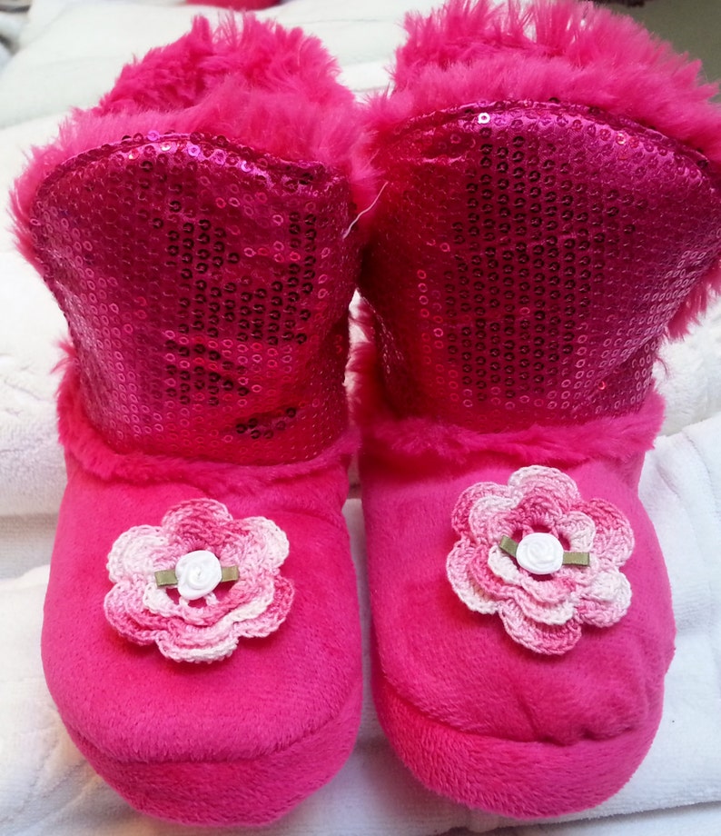 approx 4T-5T Three Sizes: 1011 12 and 34 Handmade Irish Roses Toddler Girls Hot Pink Sequin Faux Fur Slippers