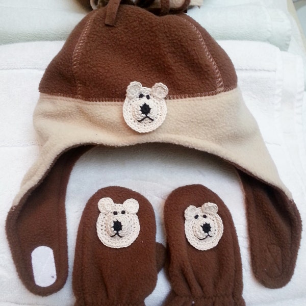 Boys Baby Infant Toddler Fleece Brown Tan Hat Mittens Set - Handmade Puppy or Bear Face - One Size 12-24 months