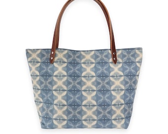 Market Tote Bag - Shibori Organic Canvas - Handmade Tote Bag with Leather Handles