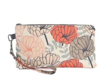 Wristlet - Beige Floral Canvas - Handmade Zipper Wallet with Detachable Wrist Strap - Zipper Pouch - Fabric Purse