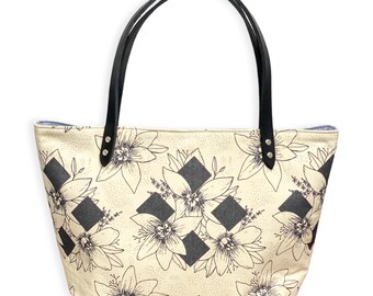 Market Tote Bag - Floral Diamonds - Handmade Tote Bag with Leather Handles