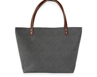 Market Tote Bag - Waved Gray Organic Canvas - Handmade Tote Bag with Leather Handles