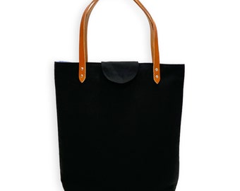 Lincoln Tote - Big Sur Black - Handmade Tote Bag with Leather Handles