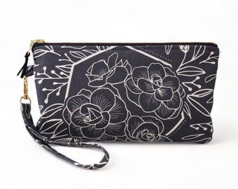 Wristlet - Floral Explosion Canvas - Handmade Zipper Wallet with Detachable Wrist Strap - Zipper Pouch - Fabric Purse