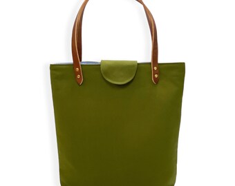 Lincoln Tote - Big Sur Moss Green - Handmade Tote Bag with Leather Handles