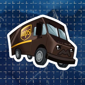 May include: A brown UPS delivery truck sticker with the word "oops" in a yellow and brown logo. The truck has a cartoon face and is set against a blue background with a grid pattern.
