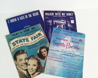 4 Vintage Sheet Music: Some Enchanted Evening (South Pacific), I Threw a Kiss in the Ocean (Irving Berlin), That's For Me (from State Fair)